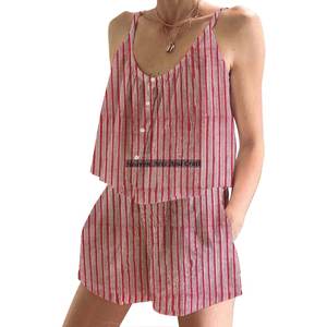 Conjunto de Pijama de Algodón Estampado con Bloques, para Mujer, Primavera/Verano, Floral, Ajustado, con Tirantes, sin Mangas - Product Image 3