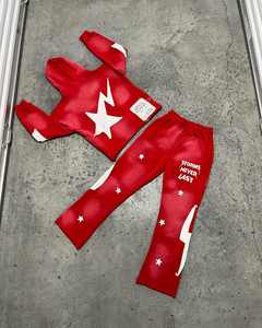 ชุดเซ็ตเสื้อฮู้ดซิปและกางเกงขายาวทรงบาน ลายปักแบบดิสเทรส สำหรับผู้ชายและผู้หญิง ผ้าสเวตแพนท์และเสื้อฮู้ดแบบย้อมสีเอซิด - Product Image 5