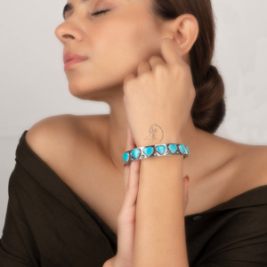 <b>Fine</b> Quality 925 Sterling Silver Customizable Heart Shape Bezel Set Natural Arizona Turquoise <b>Bangle</b> for Party Wedding Gift - Product Image 4
