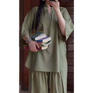 Modest Olive Green V-neck Three Quarter Sleeve Woven Fabric Shalwar Kameez <b>Suit</b> for Women - Product Image 3