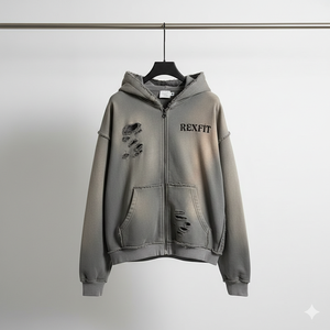 Trending Grey Rexfit Zip Up Hoodie With Distressed <b>Details</b> Premium Fabric Street Style Ideal For Casual Wear And Daily Fashion - Product Image 1