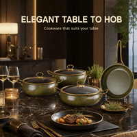 Ensemble de casseroles en céramique avec bordure dorée, 11 pièces, vert moucheté, avec couvercles en verre, cuisine, OEM ODM, vente en gros