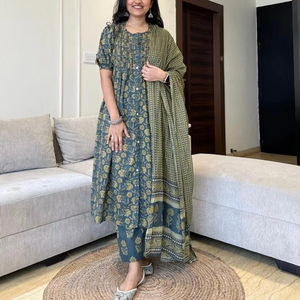 Celana lengan Set Kurta A-Line motif katun wanita panjang Dupatta Midi pakaian pesta & pernikahan Model pesanan nomor dengan Logo belakang - Product Image 1