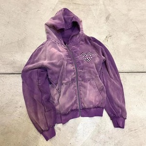 Faleece personnalisé surdimensionné poids lourd fermeture éclair lavage à l'acide vintage strass personnalisé en détresse broderie Patch à capuche hommes - Product Image 1