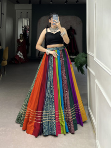 Elégant Pure Rayon Lehenga avec Gota Patti Print 8 Mètres Flair et Paper Mirror Blouse Cowrie Lace Ethnic Wear Wholesale Set - Product Image 4