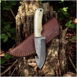 Hoja de Damasco personalizable, cuchillo de caza y acampada, mango de madera hecho a mano, soporte de grado OEM DIY con Funda de cuero de hueso - Product Image 3