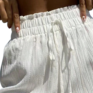 Shorts d'été décontractés pour femmes en coton froissé double gaze, taille haute élastique avec cordon de serrage et bordure en dentelle, respirants, écologiques et à séchage rapide - Product Image 5