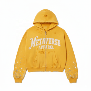 Men's Cotton Full Zip Hoodie with Vintage Distressed Design and Embroidered Logo Streetwear Style for Autumn Season - Product Image 2