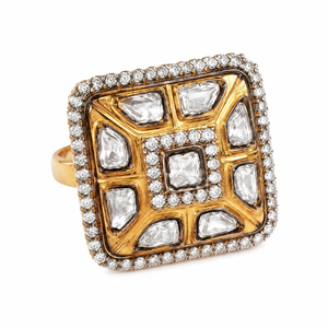 Anillo de cóctel cuadrado de moissanita Polki |   Borde con Pavé de Circonitas |   Plata 925 Chapada en Oro |   Joyería nupcial india al por mayor en Jaipur - Product Image 2