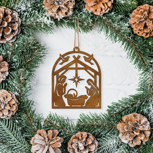 مشهد المهد الحديدي وزخارف شجرة الكريسماس ، قطع بالليزر على الطراز الريفي العتيق ، حفلات الأعياد ، ديكور المنزل - Product Image 4