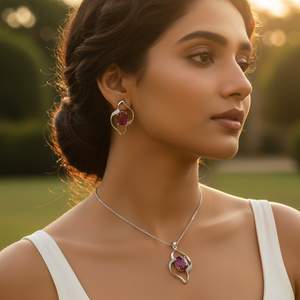 Ensemble de bijoux romantique classique Art Palace en argent 925 avec rubis, collier, boucles d'oreilles et pendentif en forme de cœur ovale pour femme, mariage - Product Image 2