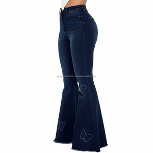 กางเกงยีนส์ทรงบานปักลายผีเสื้อเอวสูงสำหรับผู้หญิง ลดราคาสุดฮอต รุ่นใหม่สุดฮิต สีน้ำเงินเข้ม ขากว้างทรงระฆัง - Product Image 4