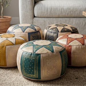 Colorful Traditional Leather Moroccan Poufs Handmade Ottoman <b>Stools</b> Outdoor Indoor Boho Home Decor for Bedroom Home Decor - Product Image 1
