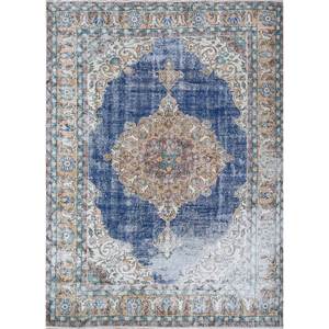 Alfombra de Lana Azul Vintage Anudada a Mano Pae-2602 para Entrada, Sala de Estar, Pasillo - Medallón Abstracto Rectangular Tipo Rompecabezas para Adolescentes - Product Image 1