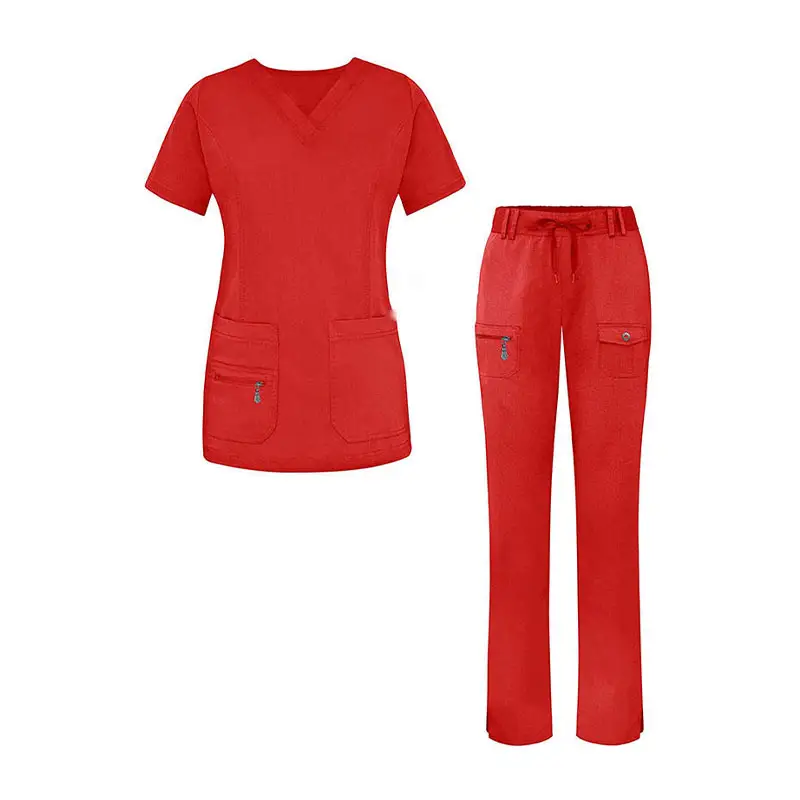 Operating Room Red Medical Uniforms Women Scrubs Short Sleeve V-Neck Workers Tops Wholesale Summer Uniforms Medical Accessories