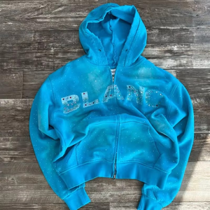Sudadera con capucha de algodón de verano con cremallera completa de peso pesado de 500 Gsm personalizada, con diamantes de imitación lavados desteñidos al sol, recortada, ajuste holgado, desteñida al sol - Product Image 1