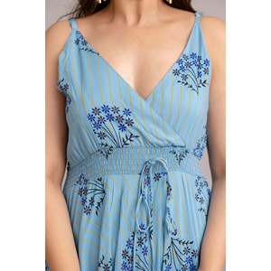 Robe longue évasée sans manches à imprimé floral bleu turquoise - SHKUP1366 Taille élastique XS Respirante pour les journées d'été à la plage - Product Image 6