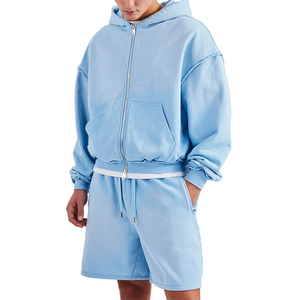 ชุดเซ็ตแทรคสูทผู้ชายสีฟ้าอ่อน เสื้อฮู้ดดี้ทรงบ็อกซี่ขนาดใหญ่ ผ้าฟอกขอบดิบ แต่งซิป กระเป๋าจิงโจ้ คุณภาพสูง - Product Image 4