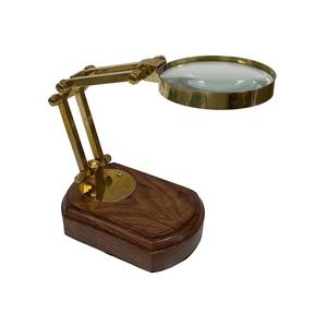 Antiqued Brass Desktop <b>Magnifier</b> on Solid Wood Base, Antique Vintage Reproduction, Antique Style Office Decor - Product Image 1