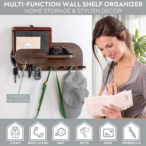 Solid <b>Wood</b> Mail and Key Holder for Wall Decorative Display - Includes Mail Holder Shelf with Hooks for Keys & Pegs for Hanging - Product Image 5