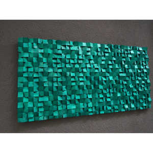 Sculpture en mosaïque de bois unique, décoration murale géométrique abstraite en bleu marine/jaune/orange/brun - Product Image 3