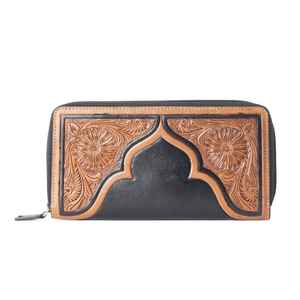 Portefeuille Pochette en Cuir Véritable 100% Fait Main en Cuir de Vache, Broderie Artisanale, Fermeture Éclair, Portable, Unisexe, Style Western Bohème, Luxe - Product Image 1