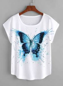 เสื้อยืดผ้าฝ้ายพิมพ์ลายดอกไม้ & ผีเสื้อสำหรับผู้หญิงเสื้อยืดโอเวอร์ไซส์ - Product Image 4