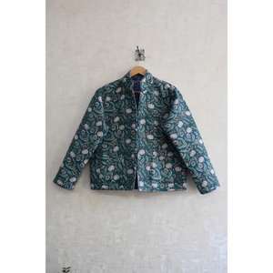 Cotton <b>Quilted</b> Jacket with Floral Woven Hand Block Print Long Sleeve Button Reversible Eco-Friendly Ethnic Winter Wear - Product Image 1