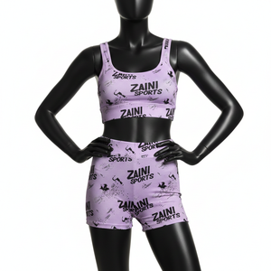 Conjunto de pantalones cortos de poliéster y spandex de 220 GSM de primera calidad, color lavanda y negro, con estampado por sublimación y logotipo personalizado para mujer, conjunto de pantalones cortos de algodón para mujer. - Product Image 1