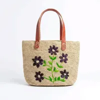 Sac fourre-tout en paille brodé fait main, motif floral, sac à bandoulière tissé, ouverture supérieure, personnalisé, pour femme, vacances, plage