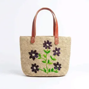 Sac fourre-tout en paille brodé fait main, motif floral, sac à bandoulière tissé, ouverture supérieure, personnalisé, pour femme, vacances, plage - Product Image 3