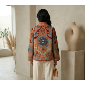 Elegant Hand Embroidered Floral Blazer <b>Mandarin</b> <b>Collar</b> Full Sleeve Cotton Spring Women's <b>Jacket</b> - Product Image 5