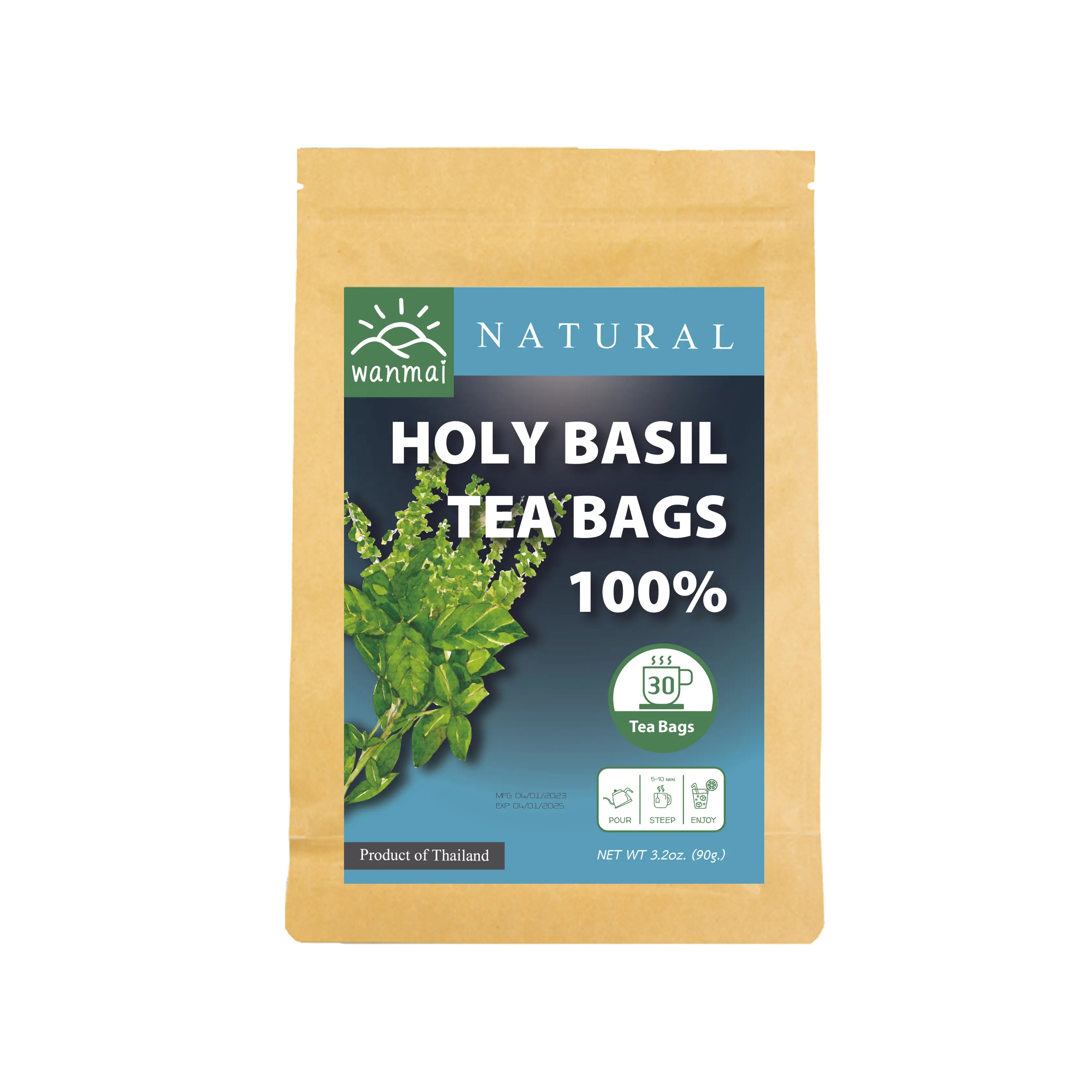 WANMAI29 Thai Holy Basilic Tea prend en charge les régimes végétaliens et cétogènes 100% Real Herb in Kraft Steeping Bag