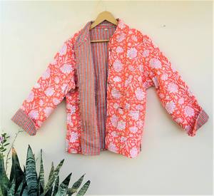 Reversible Handmade Pocket Jacket Floral Block Printed <b>Quilted</b> Cotton Women's Jackets Button Closer Coat Special Gift for Winter - Product Image 3