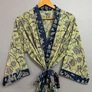 Jaipuri tamaño libre hecho a mano de algodón Kimono Floral bloque estampado hasta el suelo playa cubierta vestido Maxi Bata para hombres Casual - Product Image 1