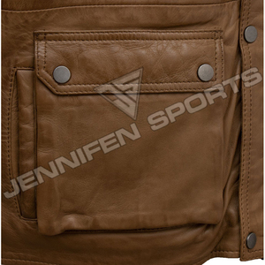 Chaqueta de motociclista para hombre, piel de vaca auténtica, cuero liso, multibolsillos delanteros, cremallera y cierre de botón, forro interior de franela - Product Image 4