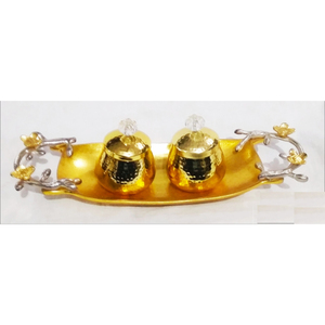 Bandeja de madera de diseño con adorno y hierro chapado en oro/plata, tarro de dulces, olla de Metal con bandeja de servicio, juego de cuencos de madera - Product Image 5