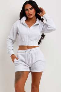 Wholesale <b>Grey</b> Marl 2 Piece <b>Women</b> Crop Zip Hoodie And <b>Shorts</b> Tracksuit Set <b>Women</b> Hoodie & <b>Short</b> Tracksuit Set <b>Women</b> 2 Piece Set - Product Image 6