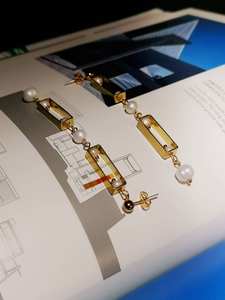 Longues boucles d'oreilles pendantes en laiton perle d'eau douce bijoux faits main géométriques modernes minimalistes - Product Image 6