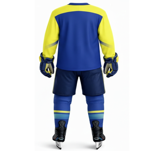ชุดฮอกกี้น้ำแข็งสีน้ำเงินรอยัลและสีเหลือง - ออกแบบโลโก้ชุดกีฬาของคุณเอง เสื้อเจอร์ซีย์ลายเส้นไขว้เรขาคณิต - Product Image 2