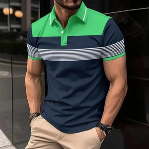 Camiseta de manga corta para hombre, Camiseta holgada de moda de negocios con botones estampados a rayas en contraste de Color, POLO de calle para hombre, superventas de 2025 - Product Image 2