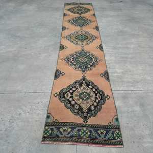 2.3x11.8 ft Vintage Runner Rug, <b>Brown</b> Blue Turkish Polka dot <b>Wool</b> Rug - Product Image 1