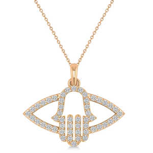 Collar con Colgante de Ojo Turco y Hamsa con Diamante, Oro Rosa de 14k (0.52ct), Estilo Bohemio, Cadena de Eslabones, Latón Chapado en Oro, Perla, para Islam - Product Image 3