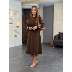 Robe midi en modal à manches longues et col rond pour femme, 29266 - Café - Product Image 1