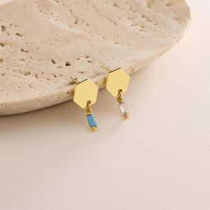 Personalized Birthstone Hexagon Turquoise Stud Earrings Dangle Drop Baguette Earrings 925 Sterling Silver 14K Gold Plated - Product Image 1