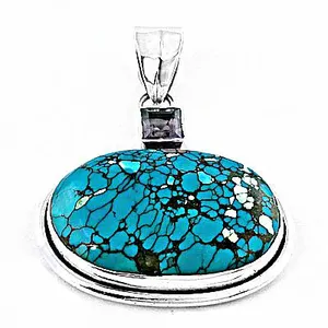 Pendentif en argent 925 fait main pour femmes, pierre turquoise, bijoux religieux en pierres précieuses avec des accents de perles d'or, de cristal et de diamants - Product Image 2