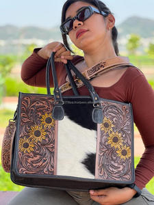 Nuevo bolso de mano de piel de vaca con estampado Floral a mano Real, nuevo conjunto combinado de embrague de cuero de piel de girasol occidental - Product Image 2