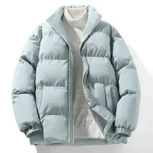 Men's <b>Light</b> Blue <b>Puffer</b> <b>Jacket</b> Stand Collar Zipper Closure Windproof Thick Polyester Winter Casual Coat Regular Fit Solid Colour - Product Image 4