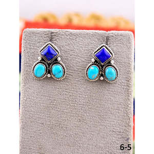 Southwest Geometric Stud <b>Earrings</b> Lapis Lazuli & Kingman Turquoise with Sterling <b>Silver</b> Bezel Setting - Product Image 5