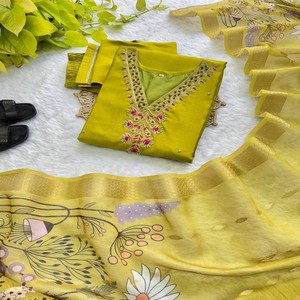 Kurti de algodón suave Gadwal con pantalón Miyani y diseño de trabajo de cuello de secuencia de mano Jacquard Dupatta de 2,20 M - Product Image 4